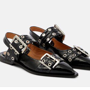 GANNI Buckle Eyelet Ballerina Flat (MAT Leather)